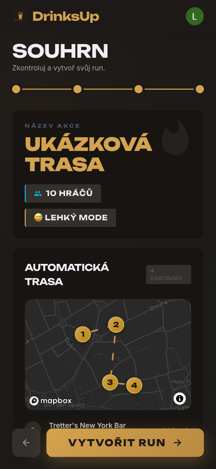DrinksUp — planned route summary with stops on the map